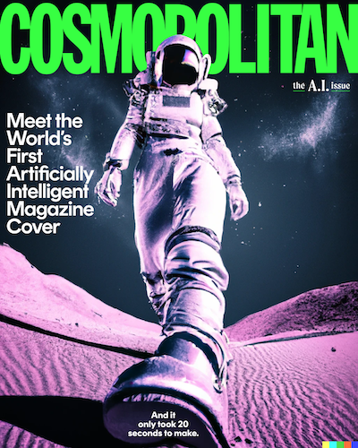 La revista Cosmopolitan utilizó DALL-E 2 para producir esta portada. <a href="https://www.cosmopolitan.com/lifestyle/a40314356/dall-e-2-artificial-intelligence-cover/" rel="nofollow noopener" target="_blank" data-ylk="slk:©Hearst Magazine Media, Inc.;elm:context_link;itc:0;sec:content-canvas" class="link ">©Hearst Magazine Media, Inc.</a>