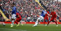 <p>Everton’s Matthew Pennington scores their first goal </p>