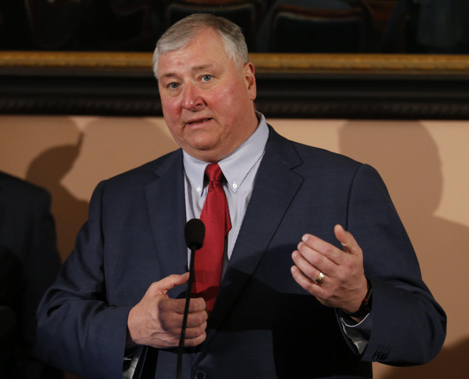 File-This March 5, 2019, file photo shows Ohio House speaker Larry Householder speaking during the Republican response to Ohio Governor Mike DeWine's Ohio State of the State address at the Ohio Statehouse in Columbus, Ohio. The latest request for mercy from a death row inmate in Ohio comes as executions have ground to a halt and the future of capital punishment in the state is being questioned by an unlikely lawmaker, Householder. (AP Photo/Paul Vernon, File)