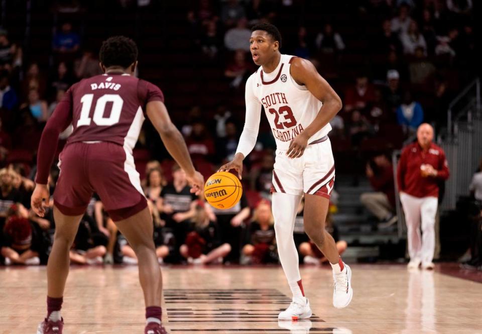 South Carolina Gamecocks forward Gregory “GG” Jackson II (23) brings the ball up the court at Colonial Life Arena in Columbia on Tuesday, January 31, 2023.