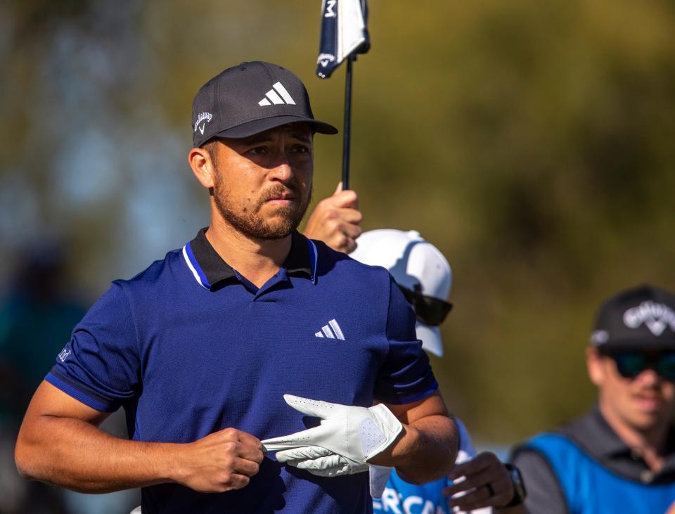 Xander Schauffele walks down from the 18th tee box during the final round of The American Express on the Pete Dye Stadium Course at PGA West in La Quinta, Calif., Sunday, Jan. 22, 2023. 