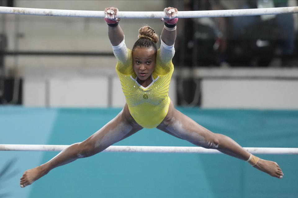 Brazil's Rebeca Andrade competes in the women's gymnastics uneven bars exercise final at the Pan American Games in Santiago, Chile, Tuesday, Oct. 24, 2023. (AP Photo/Martin Mejia)