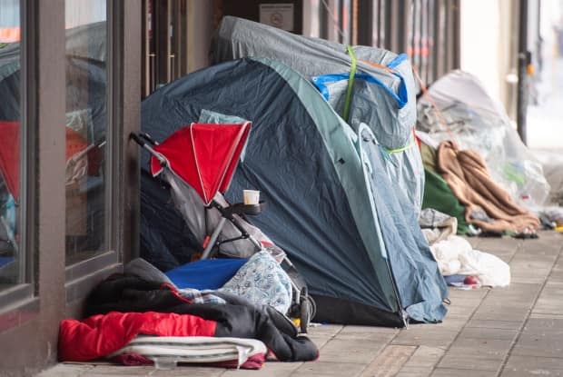 While most tenting is done in discrete areas like patches of woods or under overpasses, others are set up on downtown sidewalks in Montreal, like this one in January of this year.