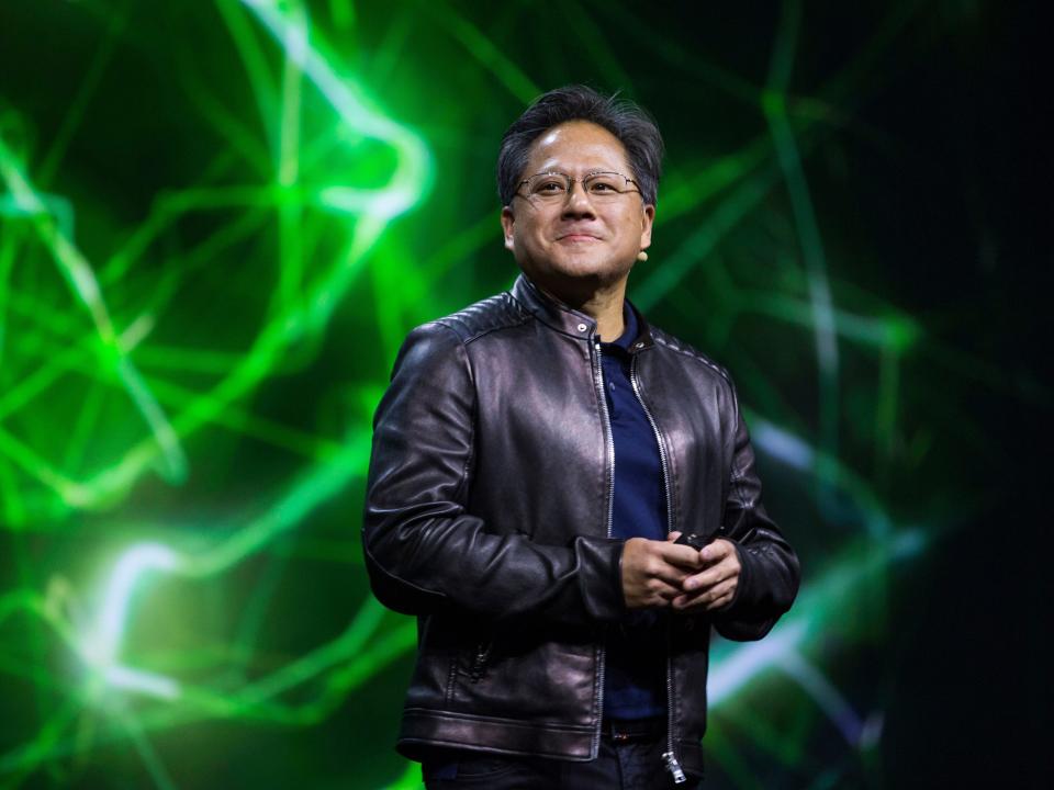 Jen-Hsun Huang, CEO of Nvidia Corp., gives a keynote presentation during the GPU Technology Conference in San Jose, California. Huang later unveiled the Titan X CPU operating with a GeForce GTX Titan X graphics card during the presentation.