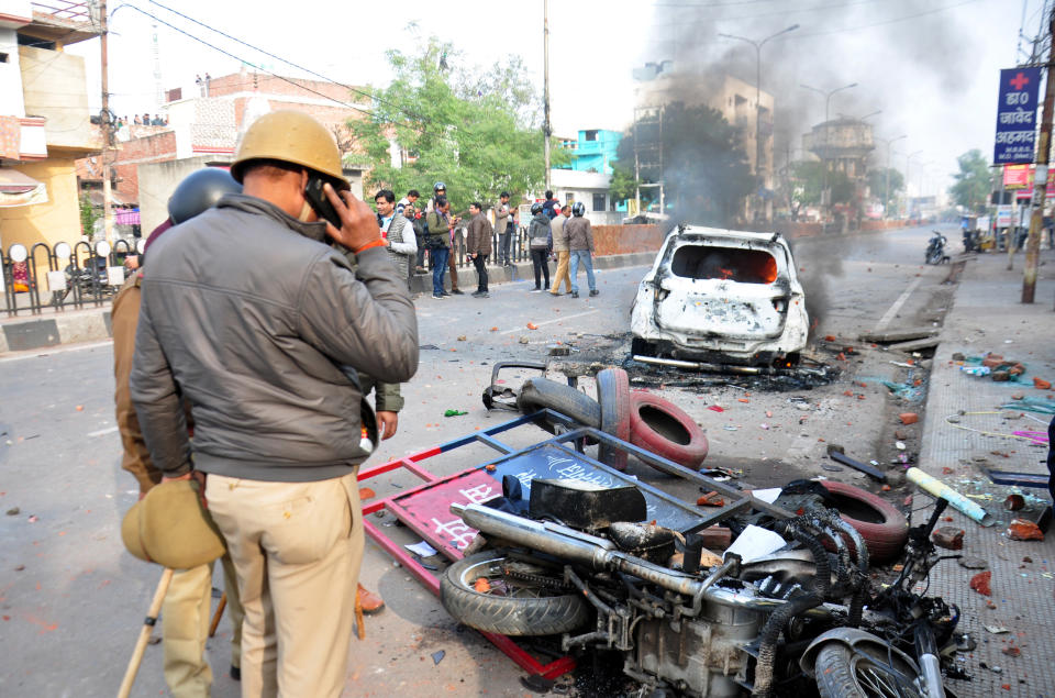 NEW DELHI, Dec. 19, 2019 -- Burnt vehicles are seen during a protest against the new citizenship law in Lucknow, India, Dec. 19, 2019. Countrywide massive protests against the controversial new citizenship law on Thursday rocked various Indian states, officials said. (Photo by Xinhua via Getty) (Xinhua/Stringer via Getty Images)