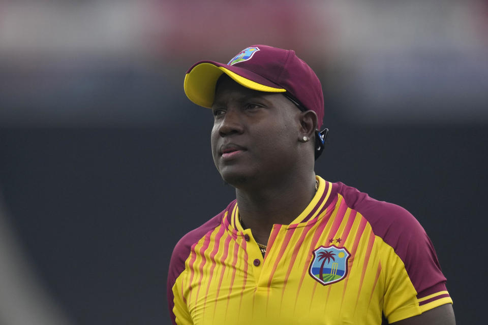 West Indies's Rovman Powell during the first T20 cricket match between South Africa and West Indies, at Centurion Park, in Pretoria, South Africa, Saturday, March 25, 2023. (AP Photo/Themba Hadebe)