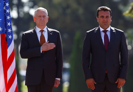 Macedonian Prime Minister Zoran Zaev and U.S. Secretary of Defense James Mattis attend a welcoming ceremony in Skopje, Macedonia September 17, 2018. REUTERS/Ognen Teofilovski