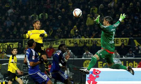 Football Soccer - Borussia Dortmund v FC Ingolstadt - German Bundesliga - Signal Iduna Park, Dortmund , 30/01/16Borussia Dortmund's Pierre-Emerick Aubameyang (L) scores a goal. REUTERS/Ina Fassbender