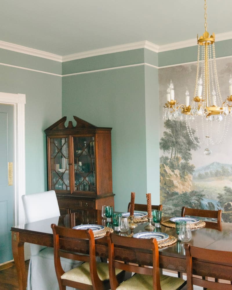 Chandelier in dining room after renovation.