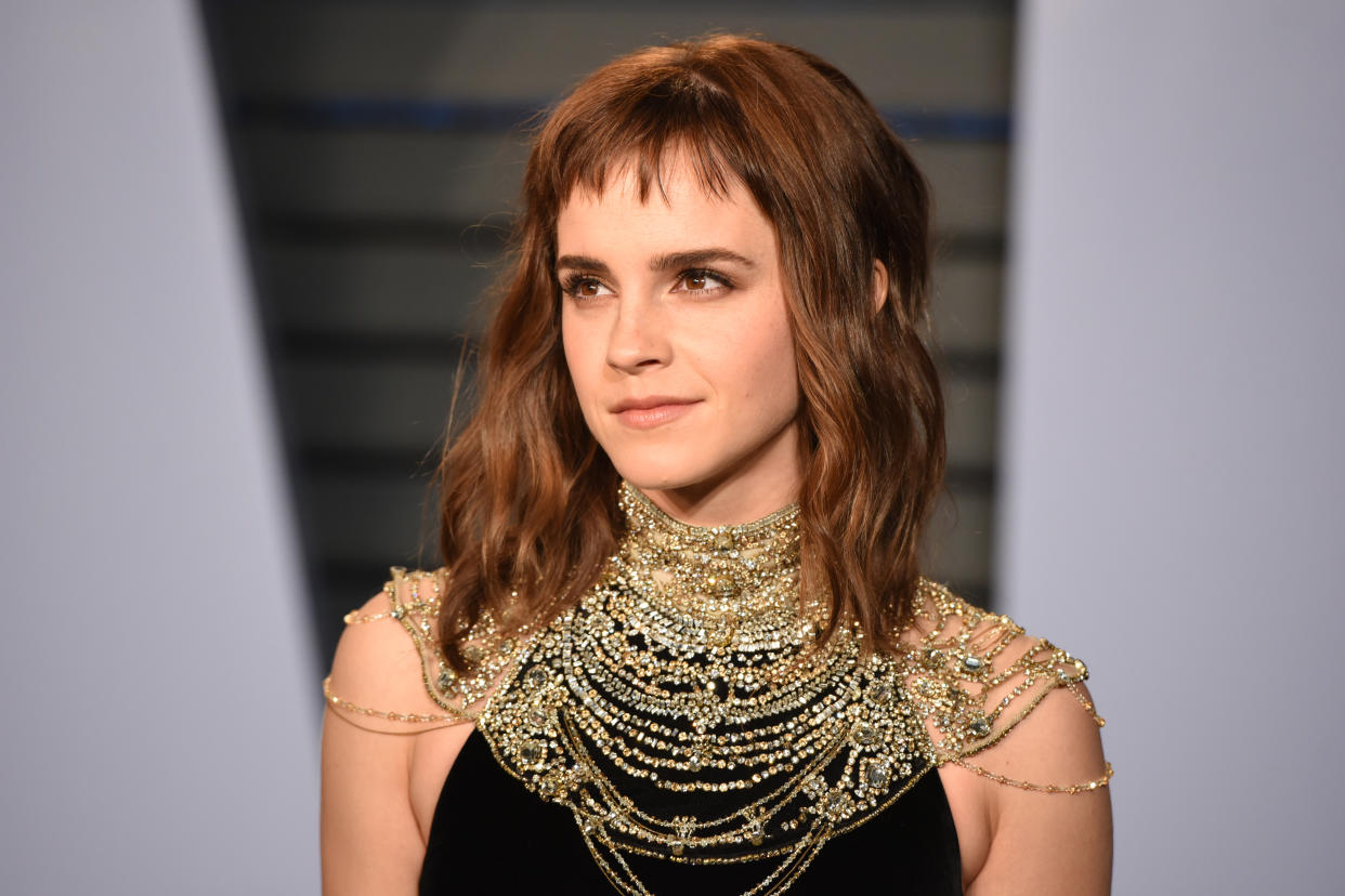 BEVERLY HILLS, CA - MARCH 04:  Emma Watson attends the 2018 Vanity Fair Oscar Party Hosted By Radhika Jones - Arrivals at Wallis Annenberg Center for the Performing Arts on March 4, 2018 in Beverly Hills, CA.  (Photo by Presley Ann/Patrick McMullan via Getty Images)