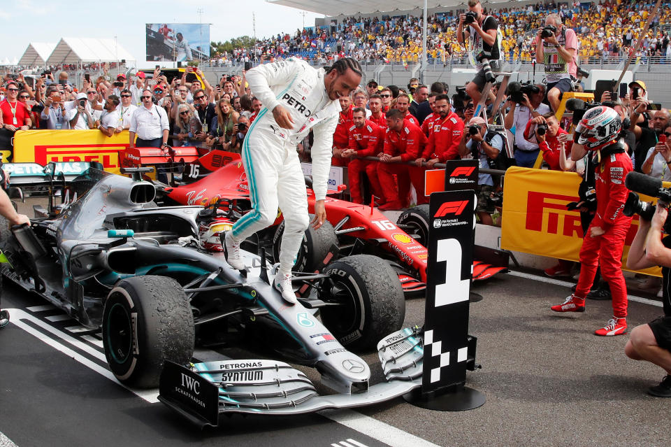 Formula One F1 - French Grand Prix - Circuit Paul Ricard, Le Castellet, France - June 23, 2019       Mercedes' Lewis Hamilton celebrates winning the race   REUTERS/Jean-Paul Pelissier