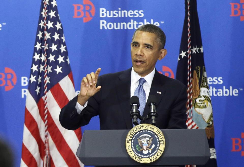 FILE - In this Sept. 18, 2013 file photo, President Barack Obama speaks to members of the Business Roundtable, a trade group representing America’s big business, in Washington. President Barack Obama is working to put two major emerging trade deals with Europe and Asia on a “fast track” to passage. But many congressional Democrats are working to sidetrack the proposed pacts ahead of this year’s U.S. midterm elections. The Democratic president finds himself in the rare position of having House Speaker John Boehner as an ally on the issue and Senate Majority Leader Harry Reid as a foe. (AP Photo/Pablo Martinez Monsivais, File)