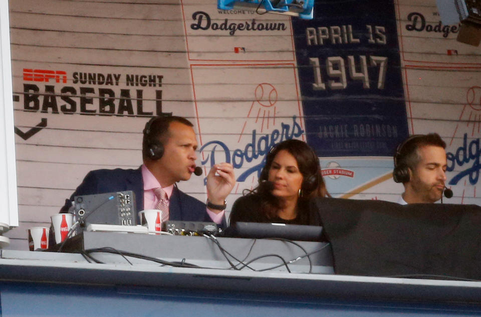 A-Rod in the ESPN booth with Jessica Mendoza and Matt Vasgersian. (AP)