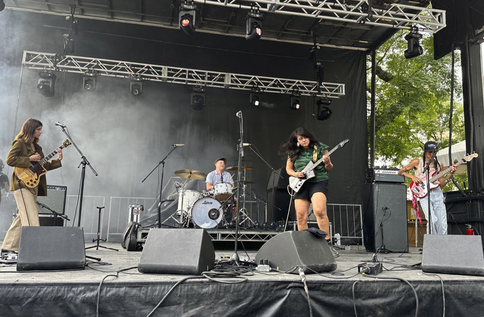 Black Belt Eagle Scout, second right, performs during the Pitchfork Music Festival at Union Park in Chicago on Saturday, July 22, 2023. (AP Photo/Michael Casey)