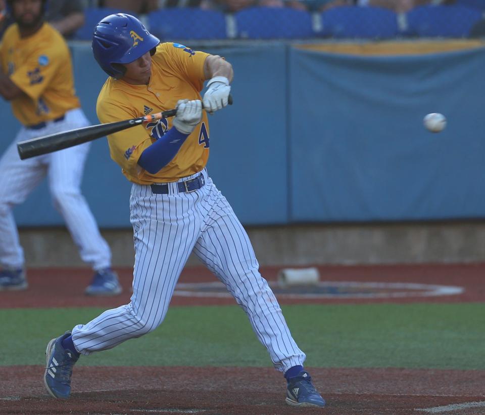 Angelo State University's Austin Beck gets a hit against West Texas A&M in the Lone Star Conference Baseball Tournament finals at Foster Field at 1st Community Credit Union Stadium on Saturday, May 14, 2022.