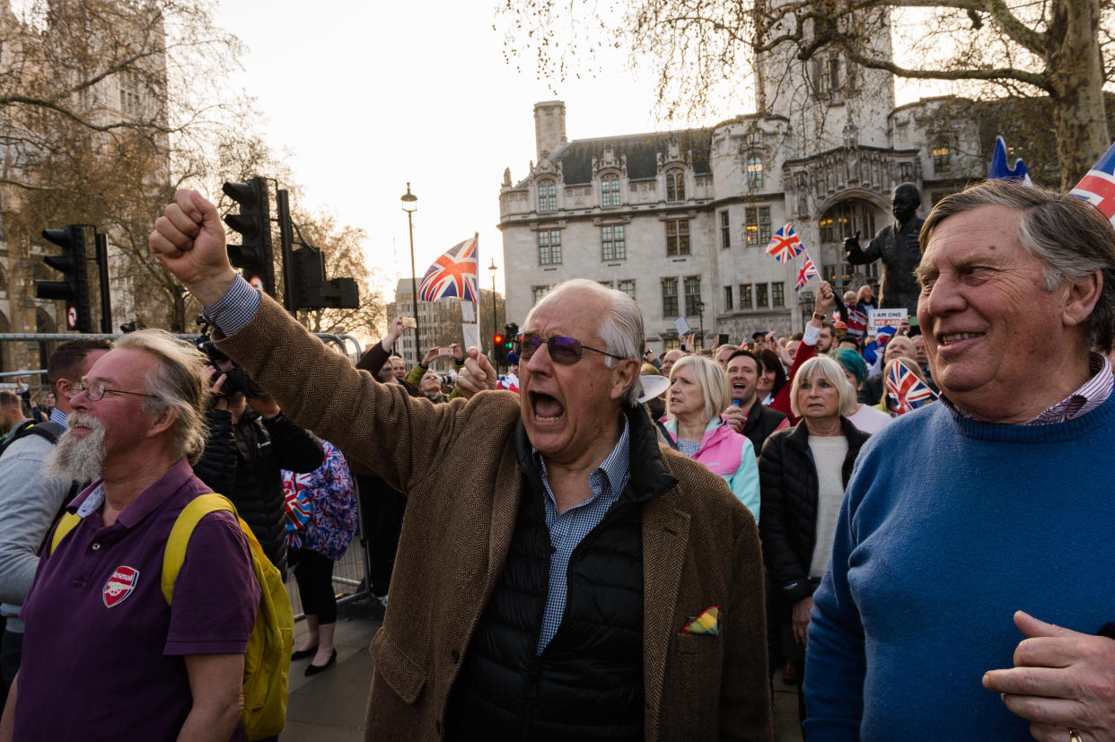 Pro-Brexit supporters gather in Parliament Square in central London for ‘Leave Means Leave’ rally on the day Britain was originally scheduled to leave EU, on 29 March, 2019. (Photo by WIktor Szymanowicz/NurPhoto via Getty Images)