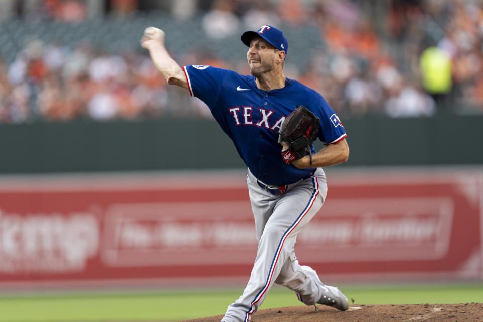 Texas Rangers starting pitcher Max Scherzer delivers during the first inning of a baseball game against the Baltimore Orioles, Friday, June 28, 2024, in Baltimore. (AP Photo/Stephanie Scarbrough)