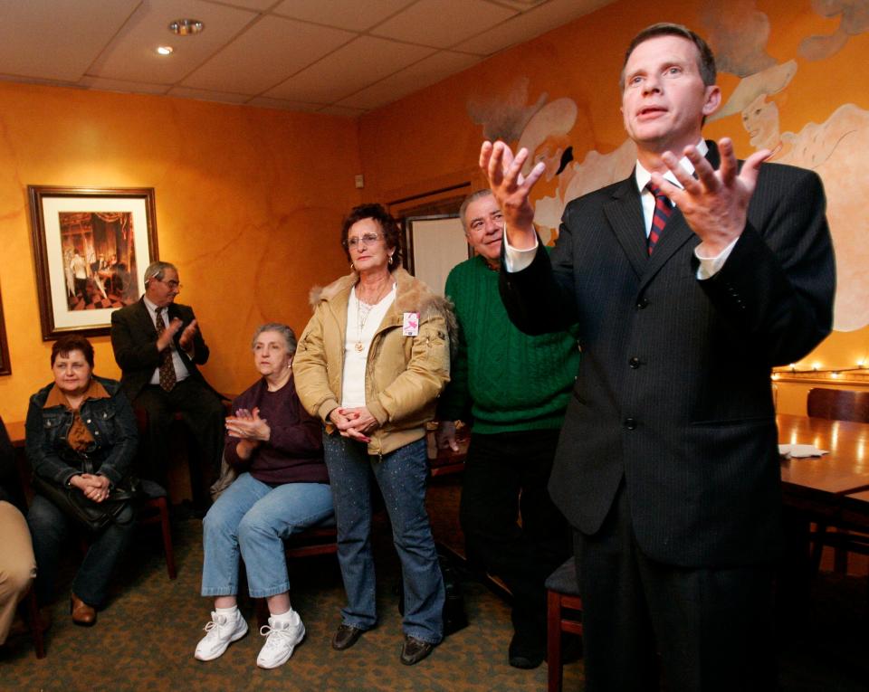 Former Mayor Tuckahoe John Fitzpatrick talked with supporters during an Election Night Democratic party at An American Bistro in Tuckahoe March 20, 2007. (Dave Kennedy/The Journal News)