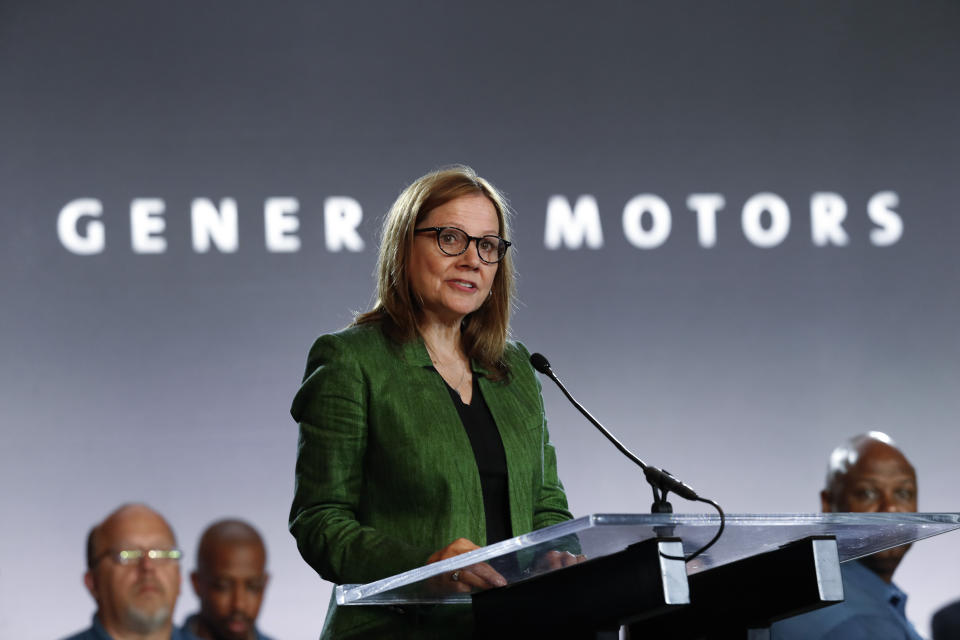 FILE - In this July 16, 2019, file photo Chief Executive Officer Mary Barra speaks during the opening of contract talks with the United Auto Workers in Detroit. General Motors reports financial results Thursday, Aug. 1. (AP Photo/Paul Sancya, File)
