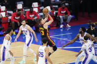 Atlanta Hawks' Bogdan Bogdanovic (13) goes up for a shot during the first half of Game 7 in a second-round NBA basketball playoff series against the Philadelphia 76ers, Sunday, June 20, 2021, in Philadelphia. (AP Photo/Matt Slocum)