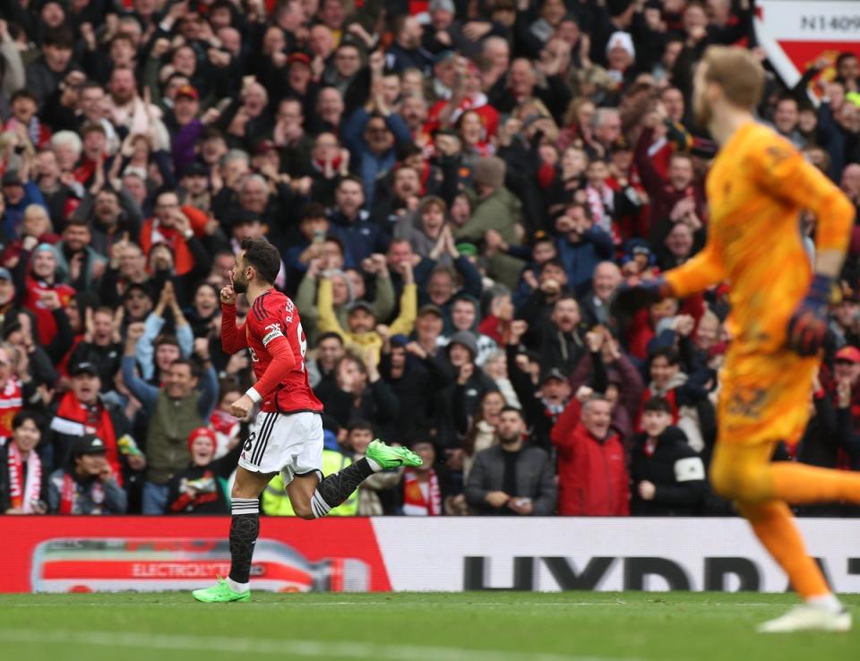 Bruno Fernandes scores from long range with United’s first shot (Manchester United via Getty Images)