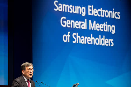 Kwon Oh-hyun, chairman of Technology Research at Samsung Electronics Co., speaks during the company's annual general meeting at the company's Seocho office building in Seoul, South Korea, March 23, 2018. SeongJoon Cho/Pool via Reuters