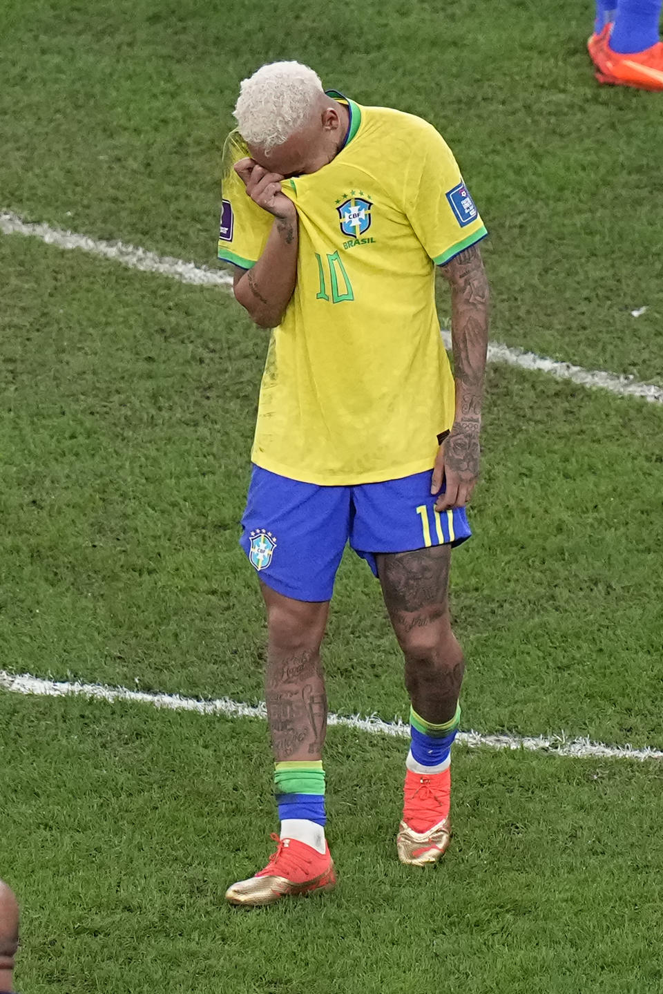 Brazil's Neymar reacts after the World Cup quarterfinal soccer match between Croatia and Brazil, at the Education City Stadium in Al Rayyan, Qatar, Friday, Dec. 9, 2022. (AP Photo/Pavel Golovkin)