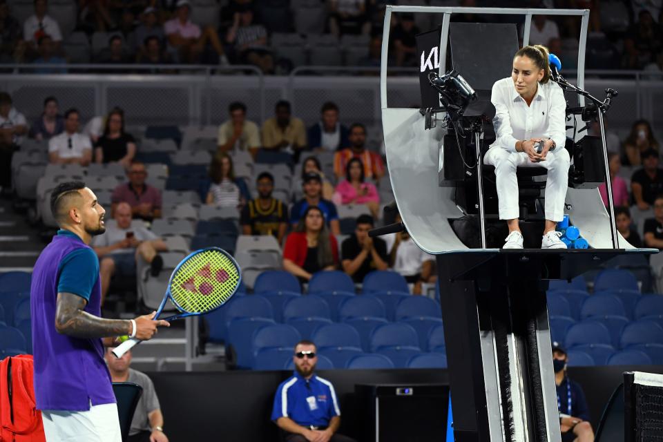 Nick Kyrgios (pictured left) fumes as he talks to the umpire about the net technology.