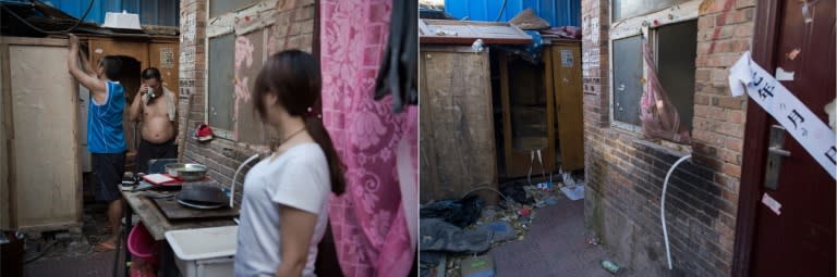 Purple and flowery sheets are still draped over some entrances in the deserted alleyway