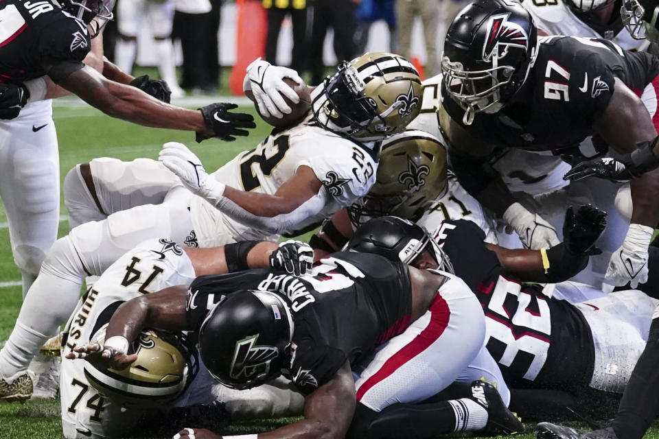 New Orleans Saints Mark Ingram II (22) is stopped short on a two-point conversion against the Atlanta Falcons during the second half of an NFL football game, Sunday, Sept. 11, 2022, in Atlanta. (AP Photo/John Bazemore)