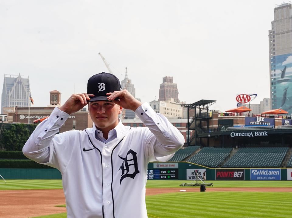 Tigers 2021 draft pick, Ty Madden, the former pitcher for Texas, poses for a photo at Comerica Park on Monday, July 19, 2021.