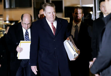 U.S. trade representative Robert Lighthizer (C), a member of the U.S. trade delegation to China, arrives at a hotel after talks with Chinese officials in Beijing, China February 14, 2019. REUTERS/Jason Lee