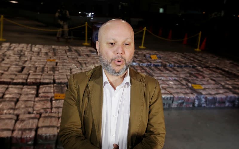 Michael Soto, Minister of Public Security, speaks to the media about the seizure of cocaine during an operation in the Caribbean, at the air base of the Ministry of Security in Alajuela