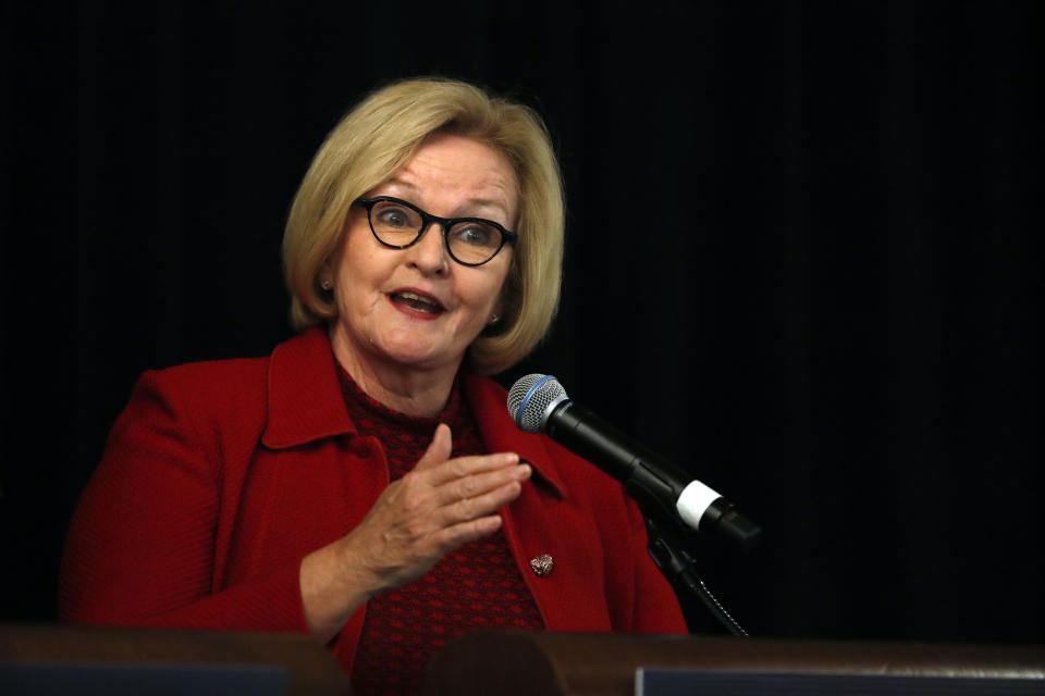 FILE - In this Sept. 14, 2018, file photo, incumbent Democratic Sen. Claire McCaskill of Missouri speaks during a candidate forum at the annual Missouri Press Association convention in Maryland Heights, Mo. McCaskill is making a bid for a third term in a state that's trended increasingly red in recent years, setting up a nationally watched showdown that could be pivotal to party control of the Senate. (AP Photo/Jeff Roberson, File)
