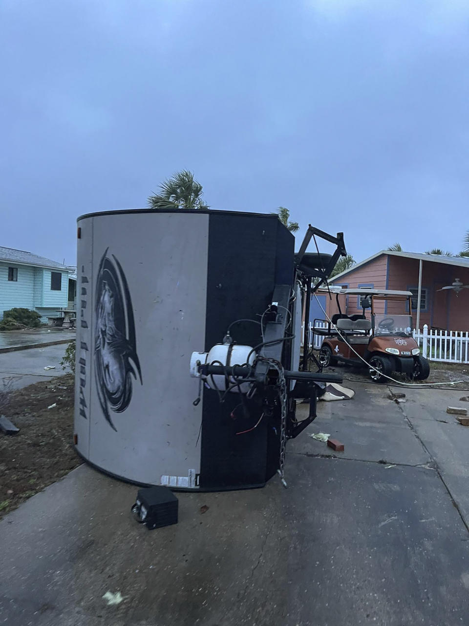 This photo provided by Bay County Sheriff's Office shows storm damage around around Panama City Beach, Fla., in Bay County, early Tuesday, Jan. 9, 2024. A sprawling storm has hit the South with strong thunderstorms and tornado warnings that blew roofs off homes and tossed about furniture in the Florida Panhandle and brought cities across the Midwest to a standstill with more than half of foot of snow. (Bay County Sheriff's Office via AP)