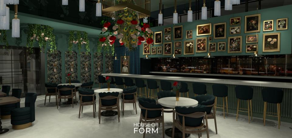 The Rose Garden Bar's theme is built on a fable of a peacock and rose garden vying for attention. Who will win?