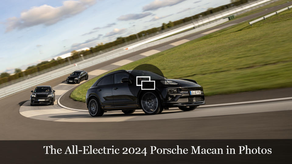 Three examples of the all-electric 2024 Porsche Macan on a racetrack.