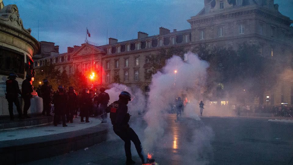 French riot police disperse demonstrators in Paris on October 12, 2023.  - Ibrahim Ezzat/Anadolu/Getty Images