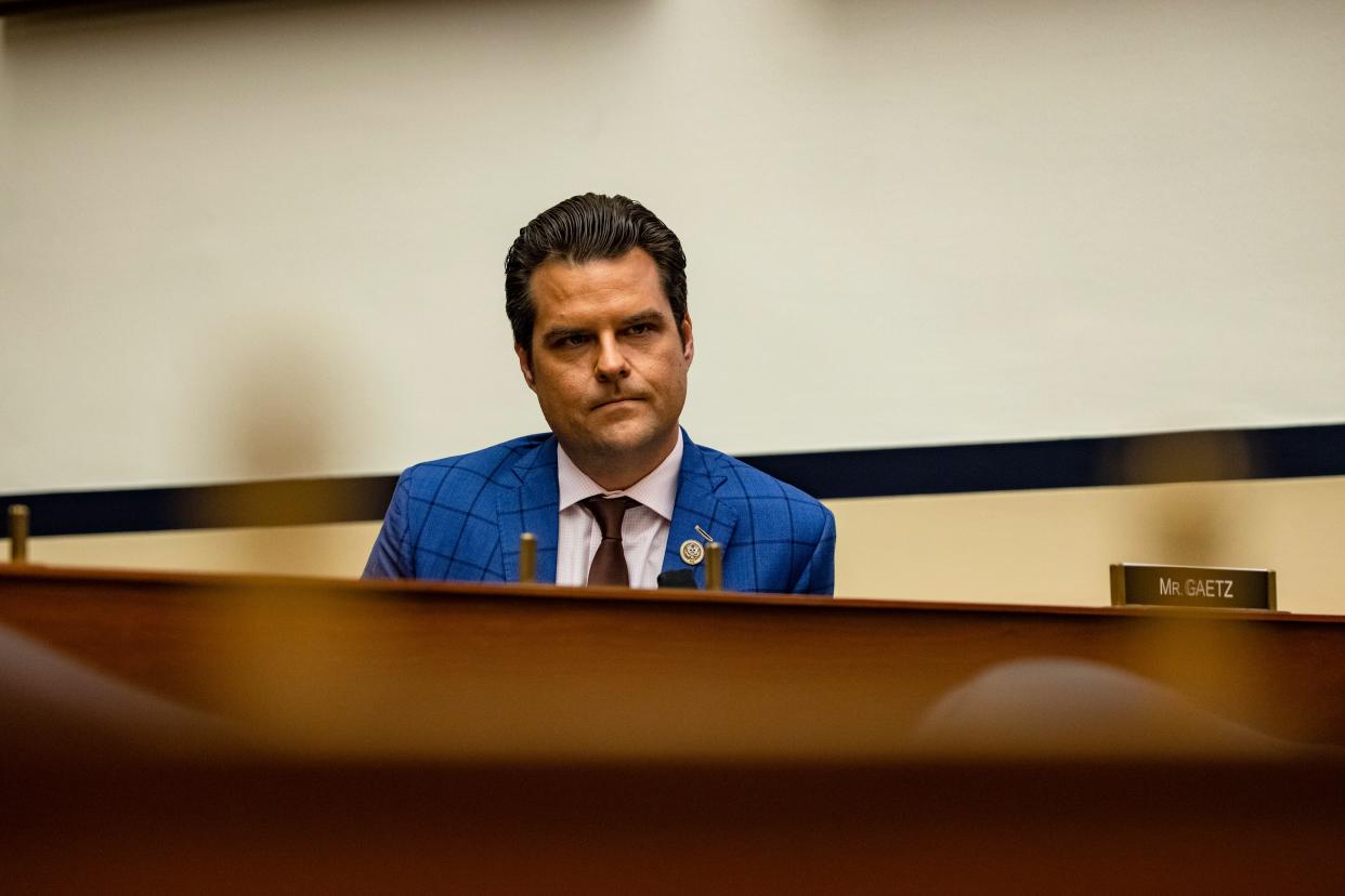 Representative Matt Gaetz (R-FL) during a House Armed Services Subcommittee hearing (Getty Images)