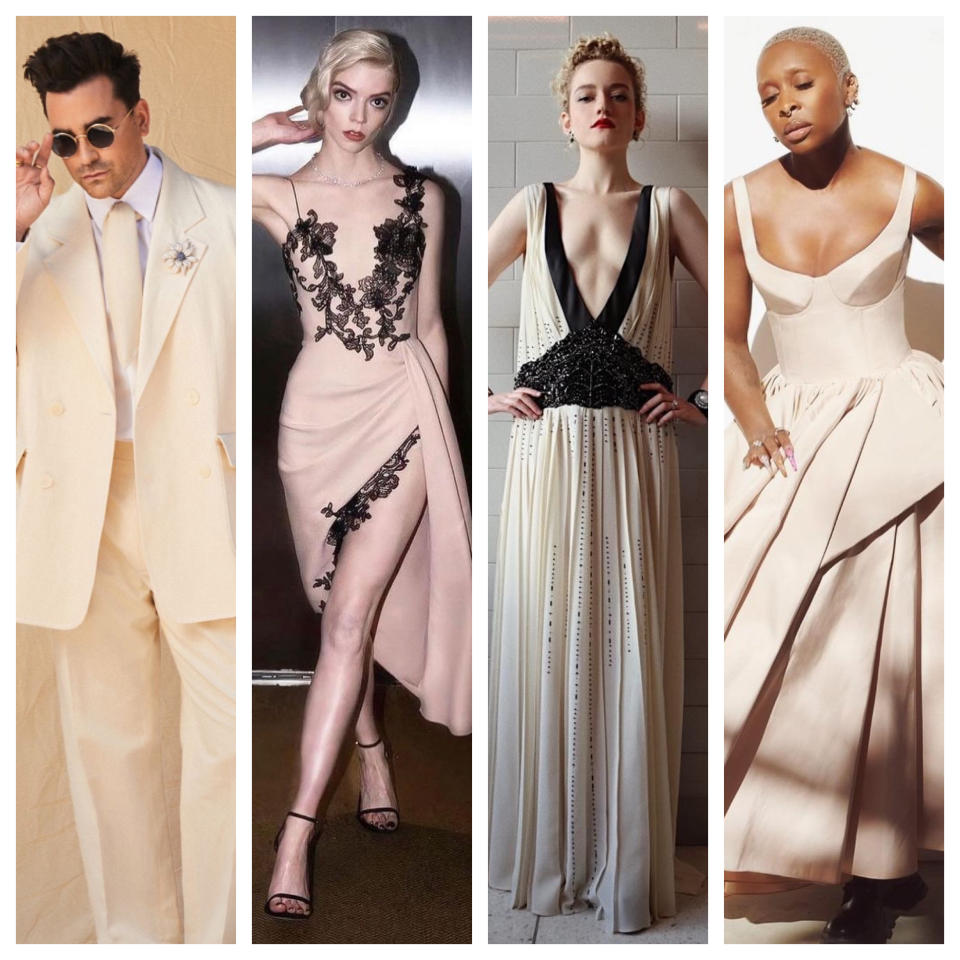 Dan Levy, Anya Taylor-Joy, Julia Garner and Cynthia Erivo wear Pantone’s Perfectly Pale color. - Credit: Courtesy Images