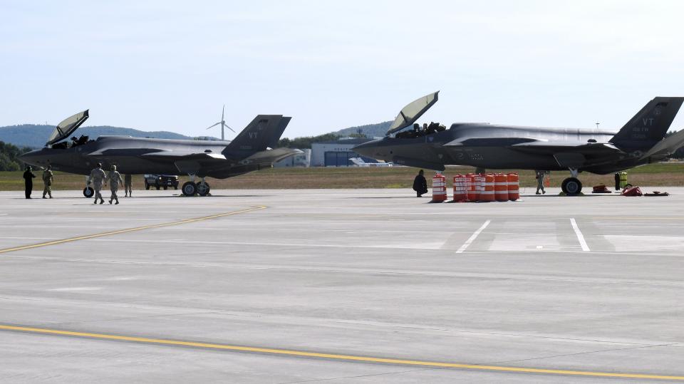 The first two F-35 fighter jets sit on the tarmac, Thursday, Sept. 19, 2019, after arriving at the Vermont Air National Guard base in South Burlington, Vt. The first two of what will become 20 F-35 fighter aircrafts arrived Thursday at The Vermont Air National Guard, the first guard unit to receive the next-generation fighter. (AP Photo/Wilson Ring)