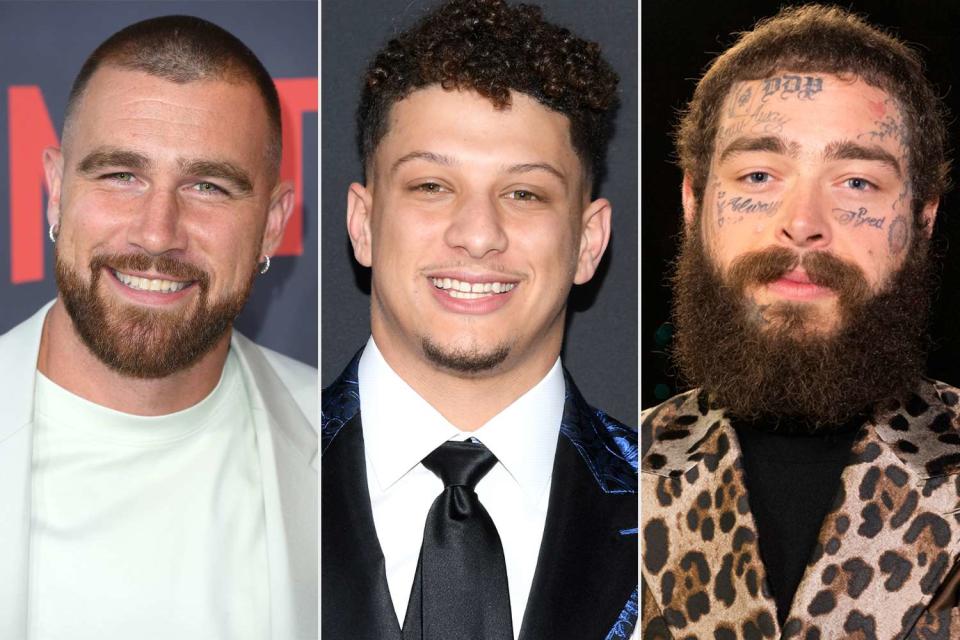 <p>Steve Granitz/FilmMagic; Jason Kempin/Getty; Katherine Bomboy/NBC via Getty</p> Travis Kelce says Post Malone got tattoos of his and Patrick Mahomes