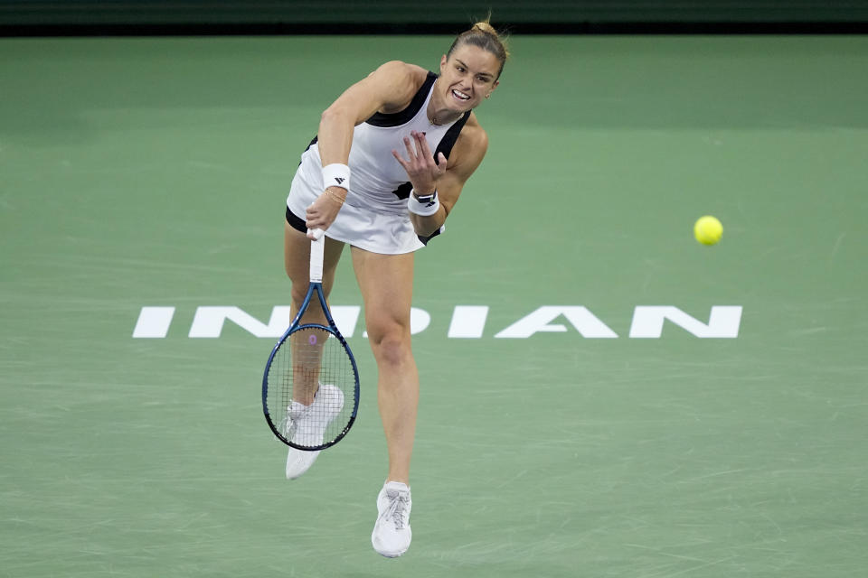 Maria Sakkari, of Greece, serves to Coco Gauff, of the United States, during a semifinal match at the BNP Paribas Open tennis tournament, Friday, March 15, 2024, in Indian Wells, Calif. (AP Photo/Mark J. Terrill)