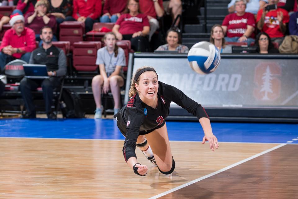 STANFORD, CA -- December 9, 2017. 
Stanford Cardinal women's volleyball sweeps the Texas Longhorns 3-0 at Maples Pavilion in the NCAA Regional tournament.