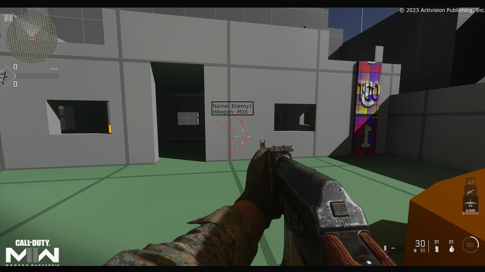 Call of Duty screenshot showing the outline of an enemy player through a wall and information about their weapon.