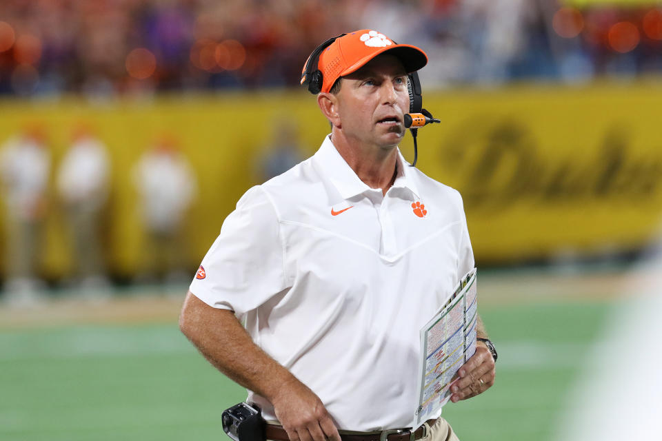 CHARLOTTE, NC - SEPTEMBER 04: Dabo Swinney head coach of Clemson on the sidelines during the Duke's Mayo Classic college football game between the Georgia Bulldogs and the Clemson Tiger on September 4, 2012, at Bank of America Stadium in Charlotte, N.C. (Photo by John Byrum/Icon Sportswire via Getty Images)