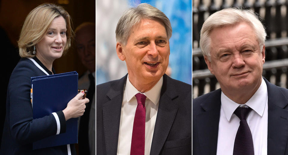 Safe: home secretary Amber Rudd, chancellor Philip Hammond and Brexit secretary David Davis are all keeping their current jobs