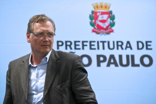 El secretario general de la FIFA, Jerome Valcke, brinda una conferencia de prensa en el estadio Arena Corinthians, en Sao Paulo, el 22 de abril de 2014 (AFP/Archivos | NELSON ALMEIDA)