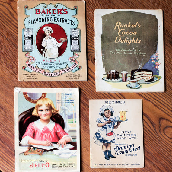 Clockwise from top left: “Baker’s Receipts for Cakes, Creams, Custards, Candies, Etc.,” circa 1920 (Baker Extract Company); “Runkel’s Cocoa Delights,” not dated, pre-1923 (Runkel Brothers Inc.); “New Dainties Made with Crystal Domino Granulated Sugar,” 1912 (The American Sugar Refining Co.); “New Talks About Jell-O,” 1918 (The Genesee Pure Food Co.).  | Spencer Staats