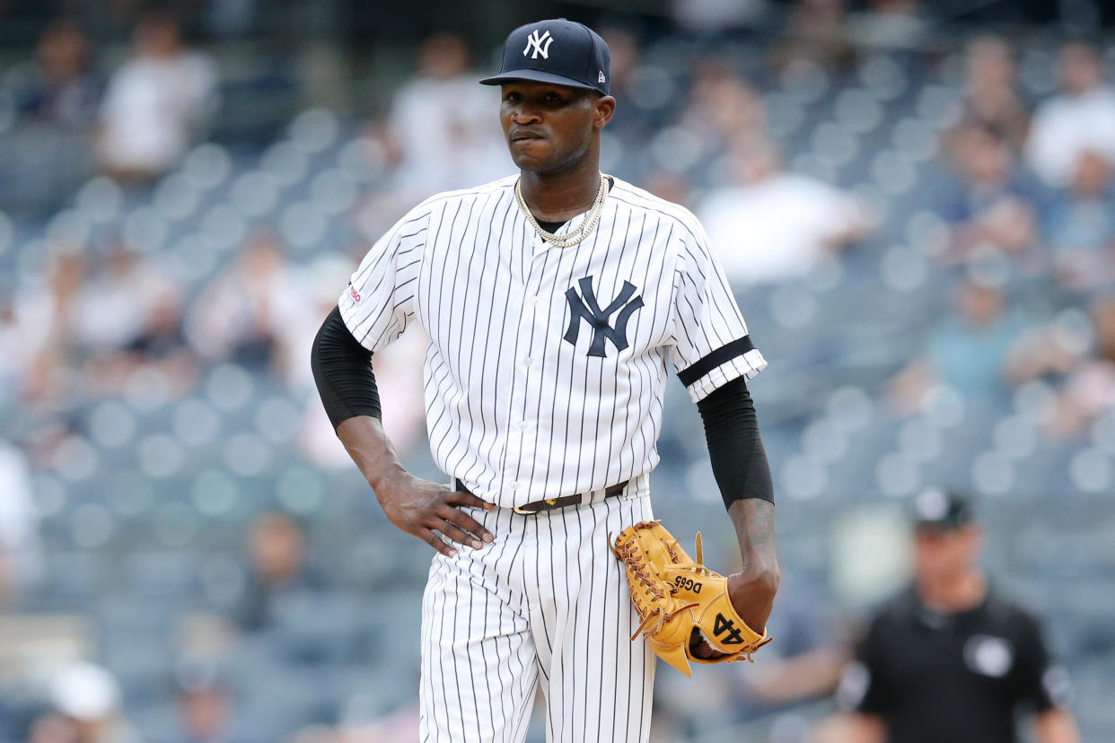 New York Yankees starting pitcher Domingo German was put on administrative leave Thursday by Major League Baseball. (Brad Penner-USA TODAY Sports)